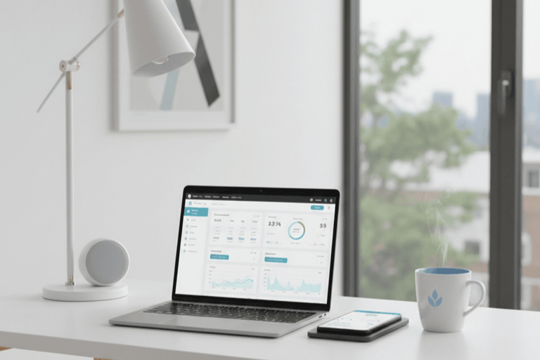 Laptop and smartphone on desk with bank account open on laptop.