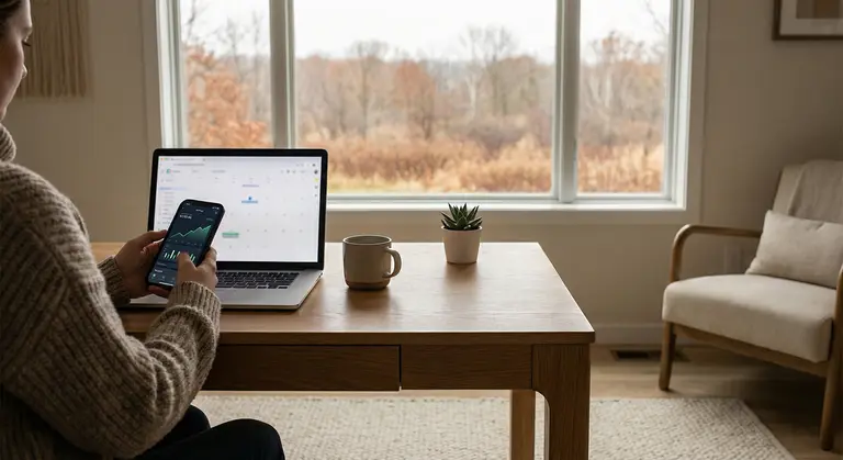Person checking bank account on smartphone and laptop